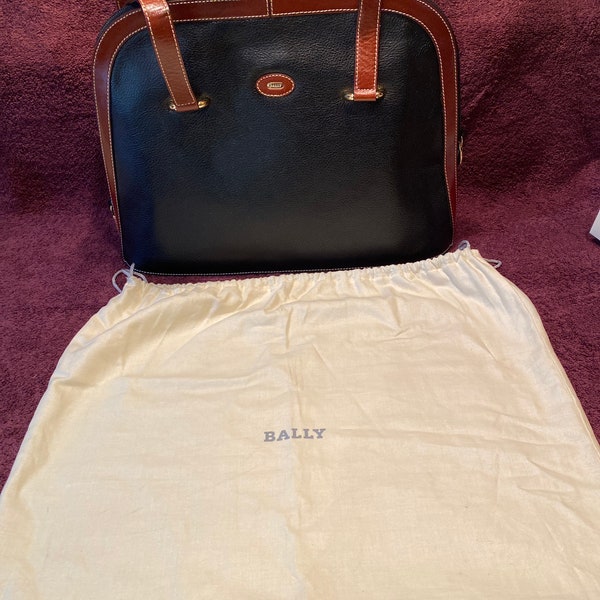 Vintage Bally Black and Brown Large Leather Handbag with Bally Soft Storage Case, 14" wide, 11" tall, 4-1/2" thick, Like New