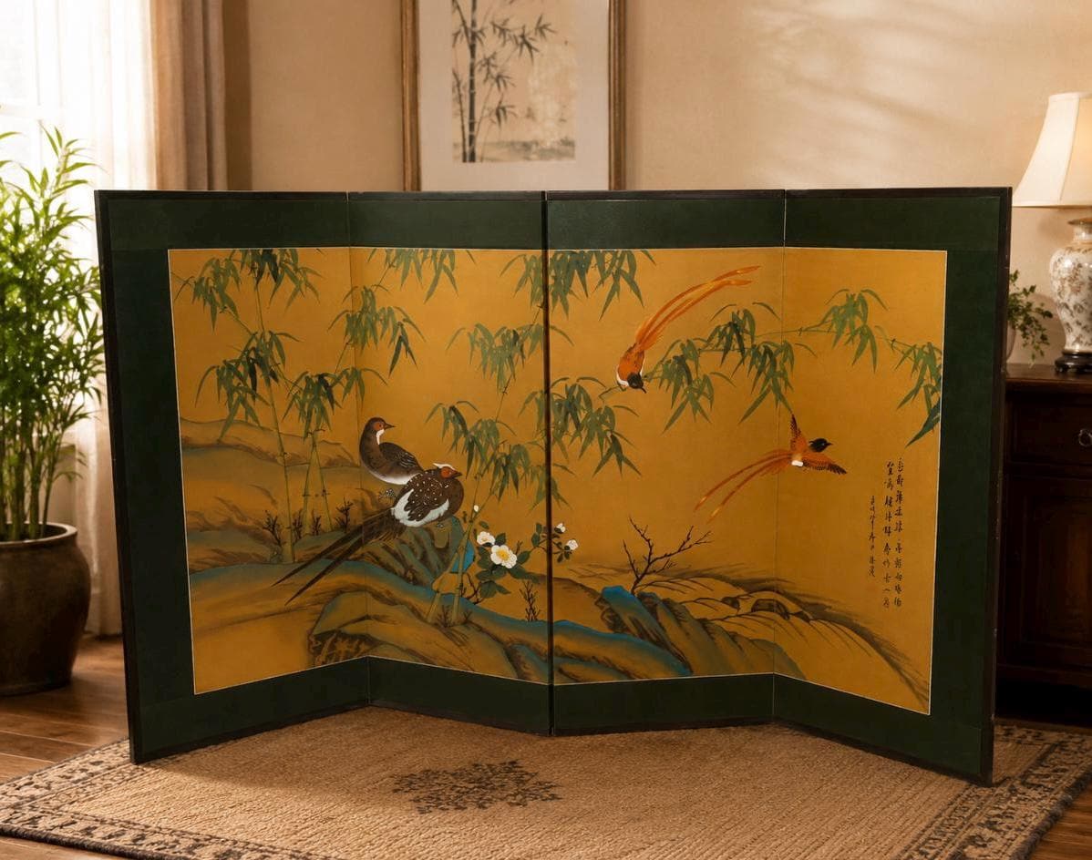 Vintage Asian Silk Screen: 4-panel Folding Room Divider, Bird Art