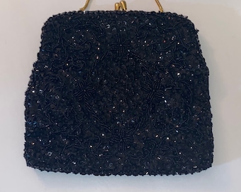 Clutch vintage K. Gimbal con lentejuelas y cuentas: bolso de noche negro