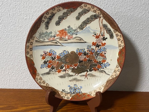 Rare Vintage Kutani Porcelain Plate: Gilded Pigeons, Pines