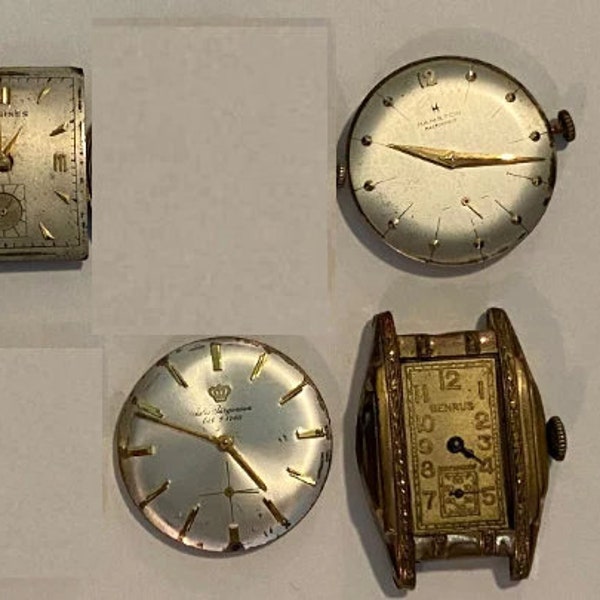 Vintage Lot of 4 Wrist Watch Movement Parts, wristwatch Parts Only- Hamilton Masterpiece, Jules Jurgensen, Longines, Benrus