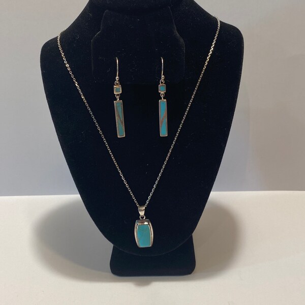 Vintage Sterling Silver and Turquoise Matching Necklace and Earrings Set, Native American, Marked 925, CFJ Earrings, ATI 17" Chain