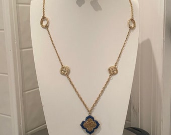 Estate Costume Jewelry Set: Blue Enamel Filigree Necklace and Stud Earrings