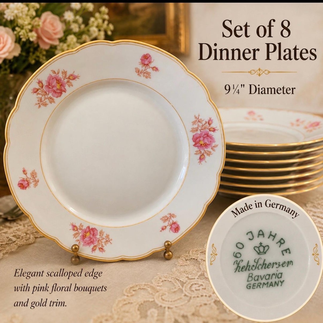 Vintage Zeh Scherzer Bavaria Porcelain Dinner Plates: Pink Flowers