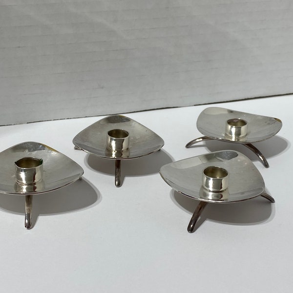 Antique Lot of 4 - 1960s Carl Cohr Denmark Modernist Silver Candle Holders, 2" in diameter, Three Legged, Small Candle Holders,