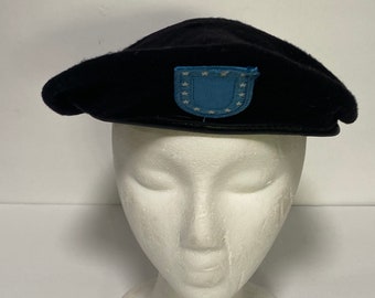 Vintage US Army Wool Beret: Black Garrison Hat with Blue Emblem, Size 7-3/8