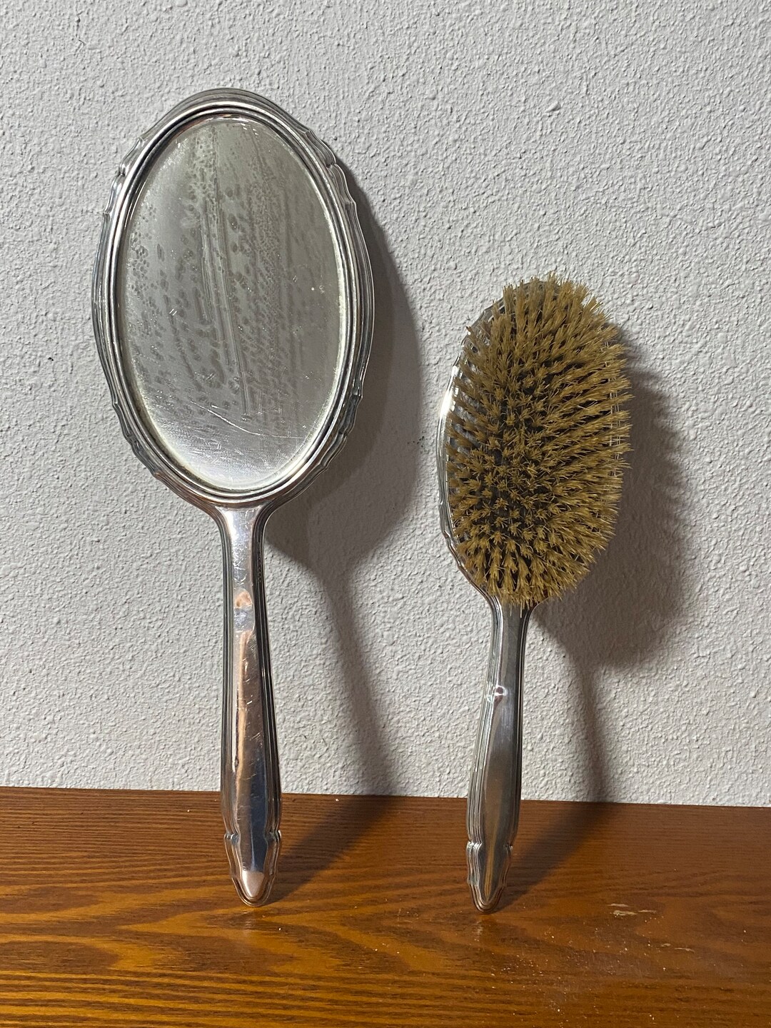 Antique Sterling Silver Brush and Mirror Set for Vanity, Marked Sterling 5600 and 5627