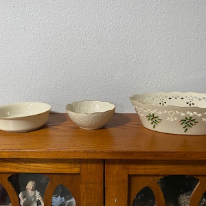Lovely Vintage Lot of 3 Pieces of Lenox Christmas or Holiday Porcelain bowls, Dishes, Reticulated, with Holly, Centerpiece Lot