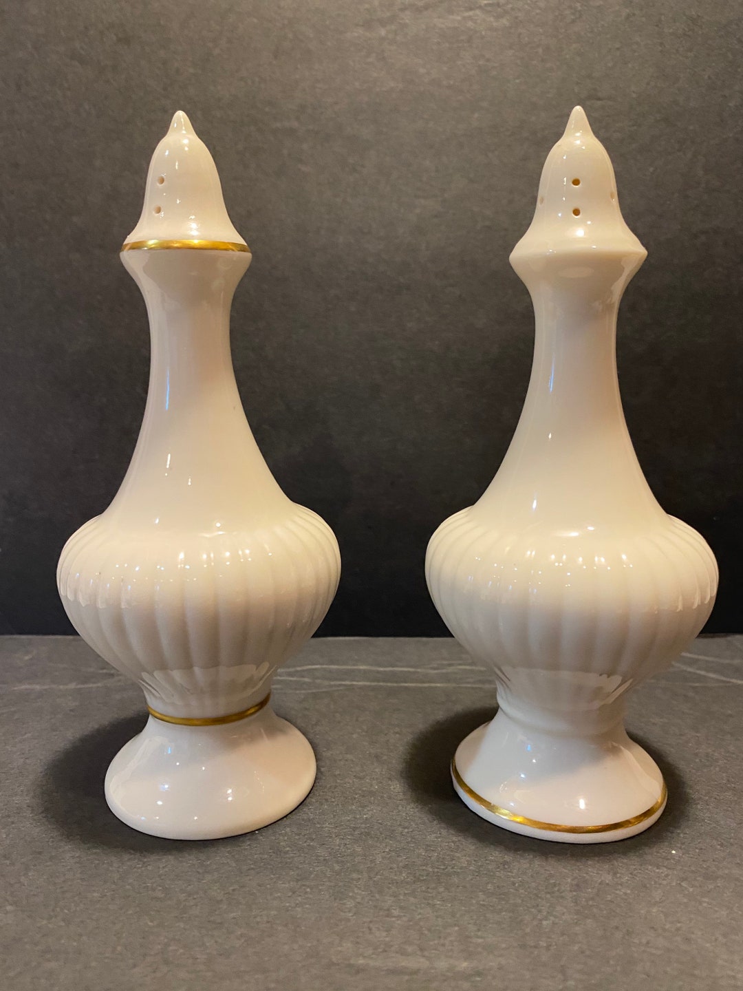 Vintage Lenox Salt and Pepper Shaker Set, White With Gold Trim, Fluted
