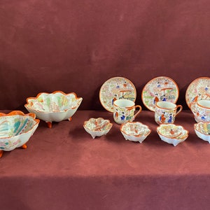 Vintage Japanese Geisha Demitasse Set: Cups, Plates, Bowls (12 Piece)