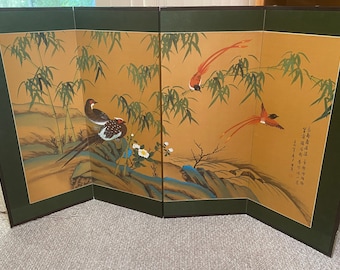 Vintage Asian 4 Panel Silk Screen, with Wording on It, Couple of Different Birds (Not Known), Gorgeous Piece, 60&quot; long by 35&quot; tall, Folds Up