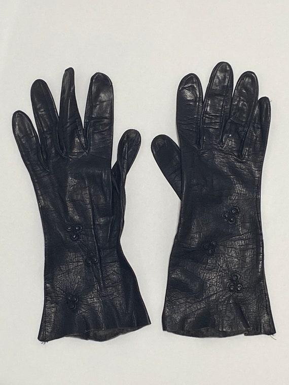 Vintage Black Ladies Leather Gloves with Embroide… - image 1