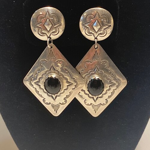 Vintage Navajo AP Sterling Silver and Black Onyx Dangle Pierced Earrings shops Set, Beautiful, Signed by Designer on back AP and Marked Sterling