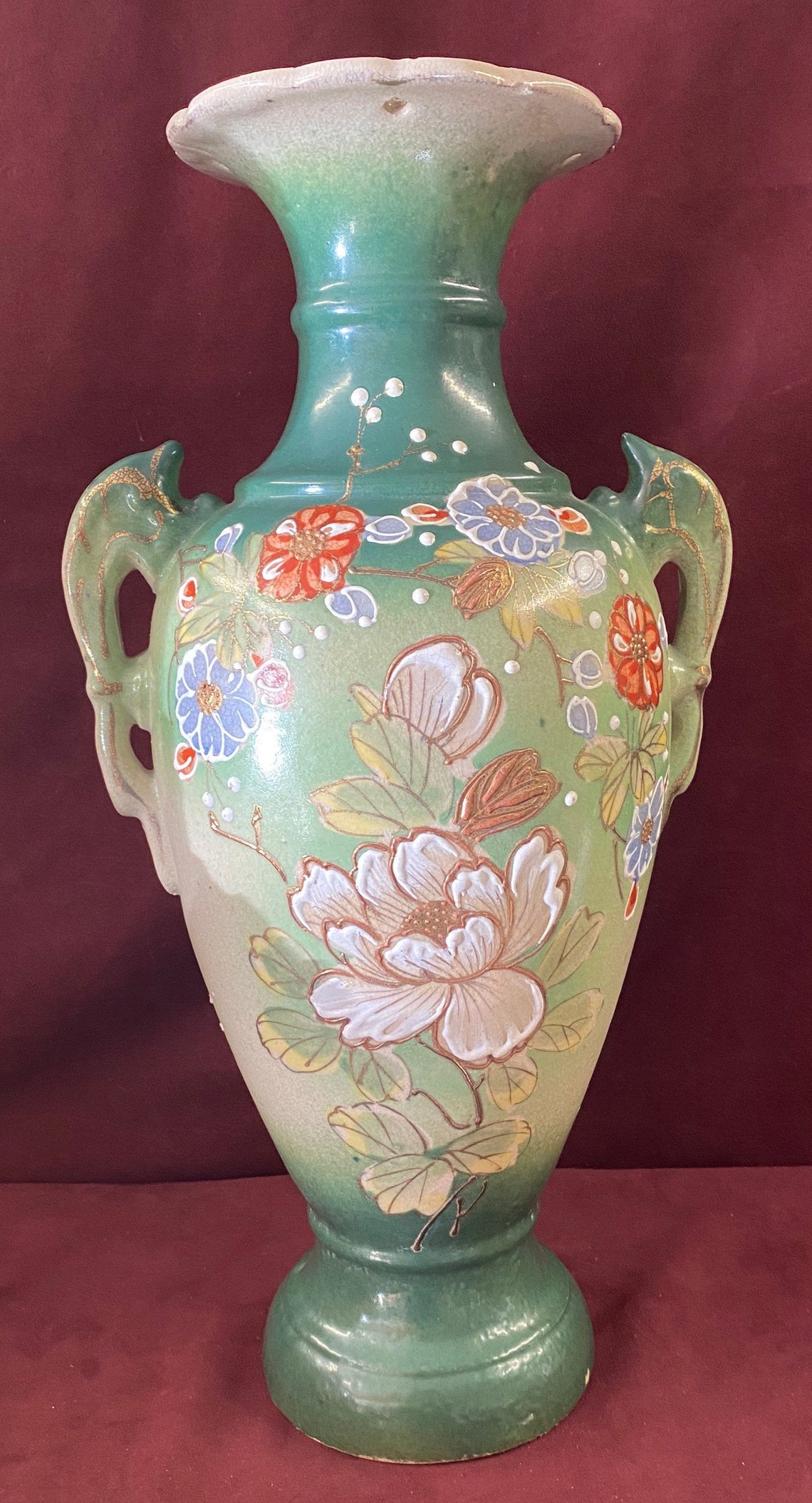 Vintage Large Double Handled Vase Dark Green Light Green Etsy