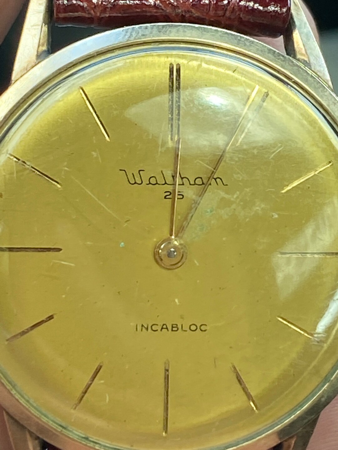 Vintage Waltham Wrist Watch, 25 Jewels, 10K Gold Filled, Maroon Colored Band, Hand Finished