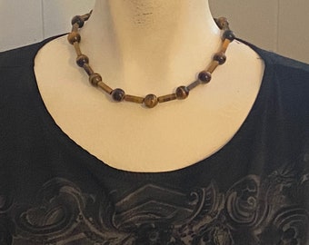 Estate Tiger's Eye Bead Necklace: Round and Rectangular, 15 inch