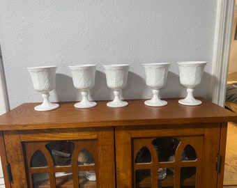 Vintage White Milk Glass Goblets - Harvest Grape Design, Set of 5