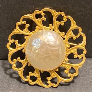 Vintage Gorgeous Miriam Haskell Costume Filigree Pearl Brooch, Miriam Haskell Jewelry, Pin, Signed on Back, 2-1/4&quot; in diameter