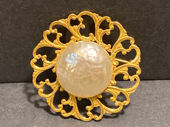 Vintage Miriam Haskell Pearl Brooch: Signed Filigree Costume