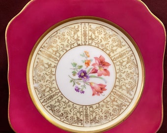 Vintage Bavaria Tirschehreuth Hand Decorated Plate, Square Salad Plate w/ Rounded Corners, measures 7-3/4", Gold Trim, Floral Pattern