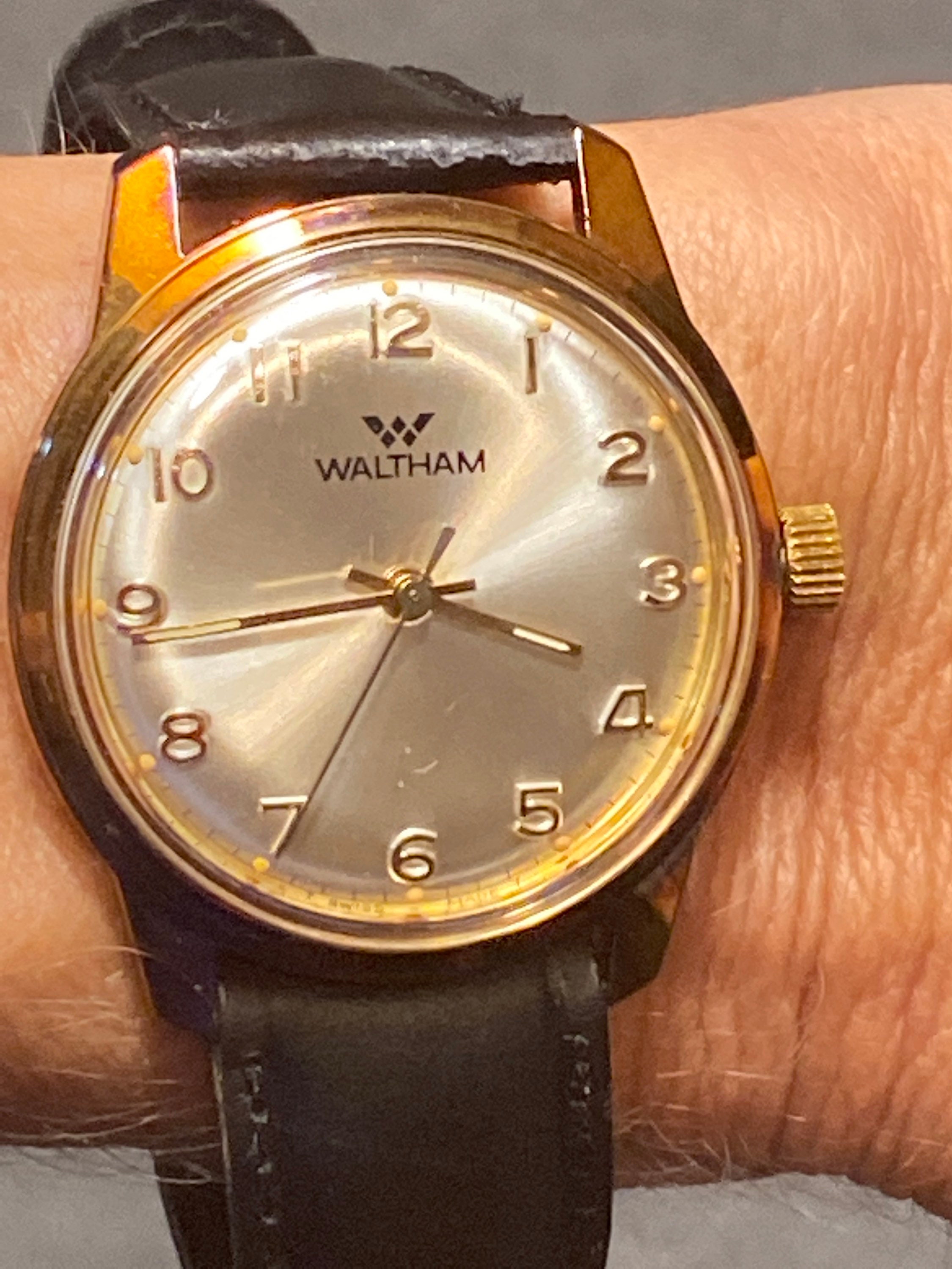 Vintage Waltham Gold Colored Wrist Watch, Genuine Calf Skin
