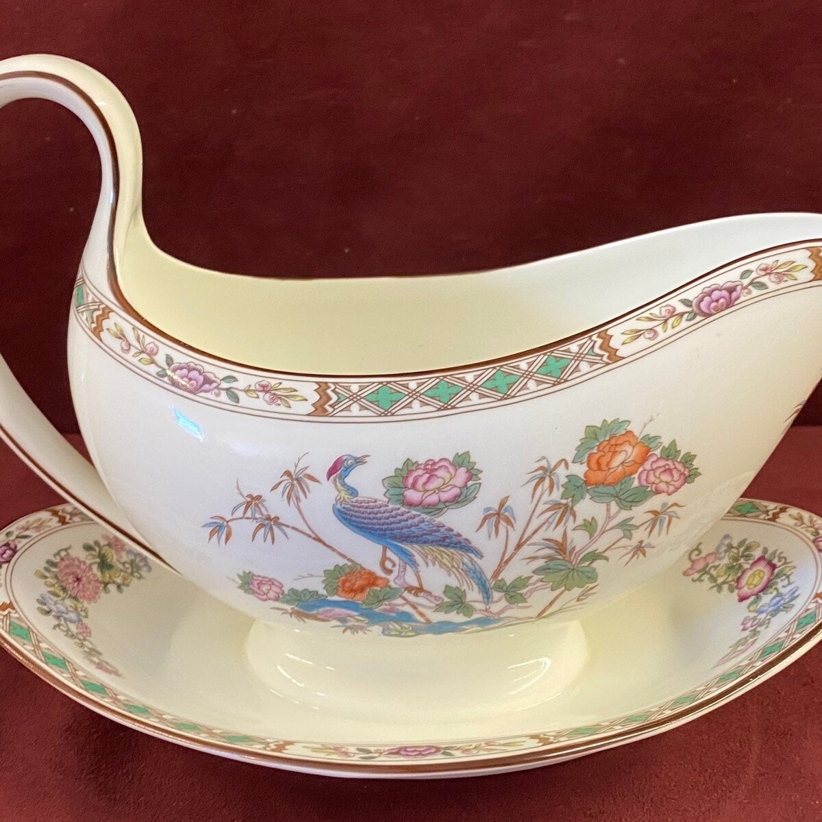 Vintage Wedgwood Kutani Crane Bone China, Gravy Boat With Attached Underplate, 6-1/4 by 3, Bird, Floral Rim, Bands, White Background, - Etsy