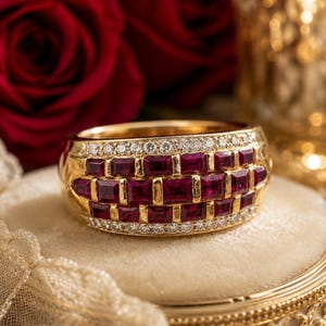 May include: A wide gold band ring featuring three horizontal rows of rectangular, deep red rubies set in a brick-like pattern, bordered by two thin rows of small, clear, round-cut diamonds along the top and bottom edges of the metal band.