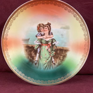 Vintage Cabinet Wall Plate Austria, Mother and Child, Daughter Portrait, 8-1/4 inches, Scenic, Water and Boat