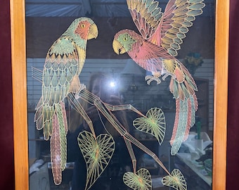 Vintage Retro Large Pin on String Art, Oak String? Framed Art Picture of 2 Parrots, Beautiful and Colorful Birds, 20" x 25"