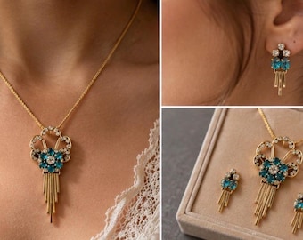 Vintage M&S 1/20 12K Gold Filled Brooch/Pendant/Earrings Set | Blue Rhinestone Demi Parure | Convertible Necklace Pin | Mid-Century Jewelry