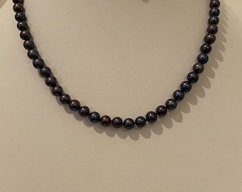 Lovely and Elegant 14K Dark Blue Cultured Freshwater Pearl Strand Necklace, 18" long, 6mm wide, FREE SHIPPING