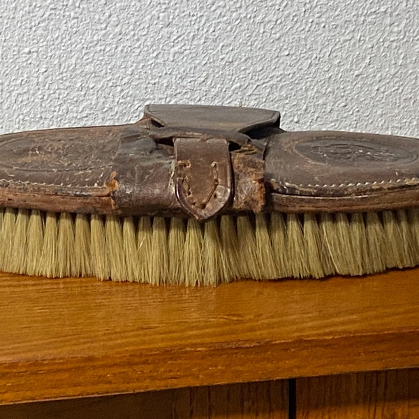 Extraordinary RARE Antique Very Old Leather Horse or Animal Grooming Brush, Letters on Top C, R, K, C & O, Belt Buckel Type Handle