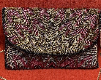 Vintage Black La Regale Ltd Beaded Purse or Clutch, Purple and Gold Evening Bag, Gold Chain, 8&quot; long by 5&quot; tall, Tags still On