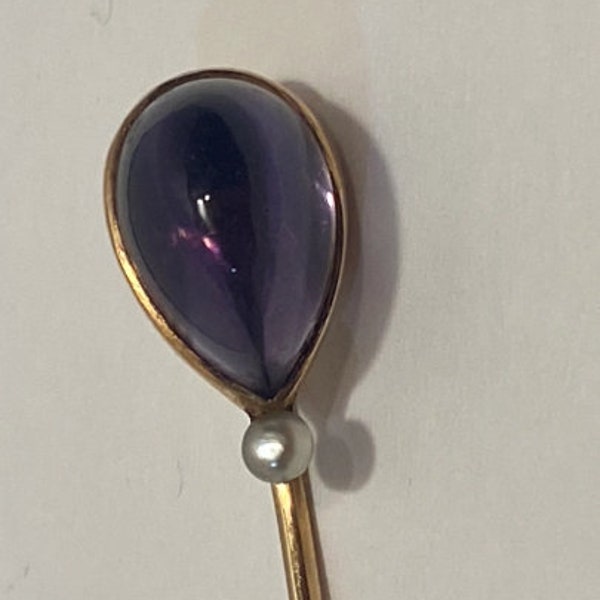 Vintage 14K Yellow Gold, Amethyst and Pearl Stick Pin, Brooch, Antique, Translucent Purple Stone 1/2" long, Marked 14K, FREE SHIPPING