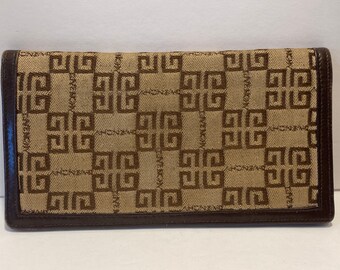 Vintage Givenchy Logo Checkbook Wallet, 6-3/4&quot; by 3-5/8&quot;, Leather and Canvas, Brown and Tan in Color
