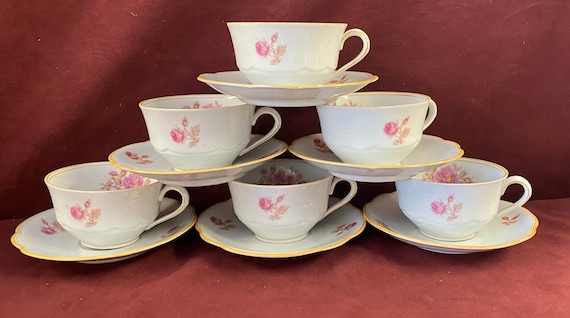 Vintage Zeh Scherzer Bavaria Tea Cup Set: Pink Flowers, Gold Trim