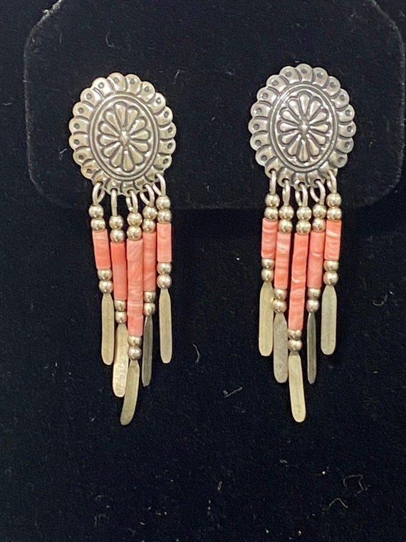 Stupendous Vintage Native American Zuni Coral Sterling Silver Earrings Stupendous Vintage Native American Zuni Coral Sterling Silver Earrings