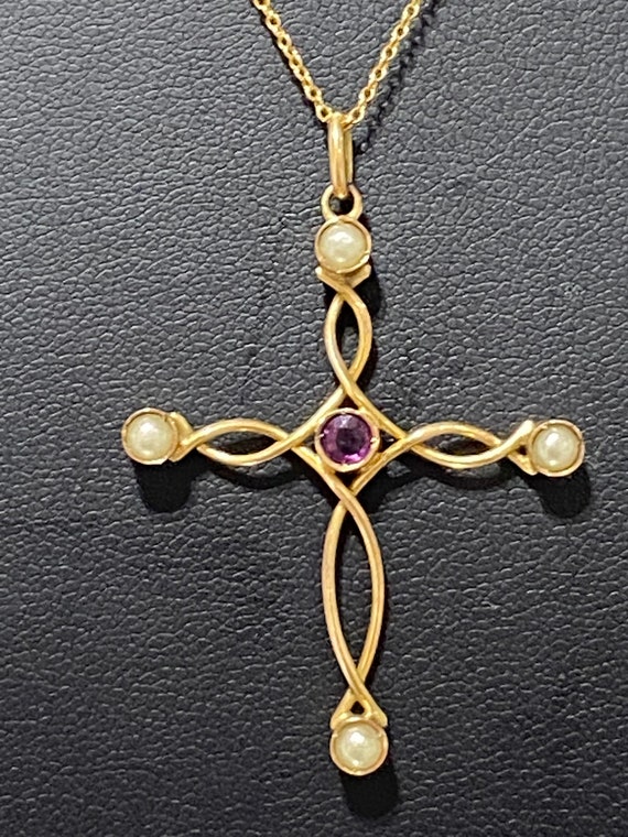 Exquisite Estate 14K Gold Cross Pendant with Pear… - image 6