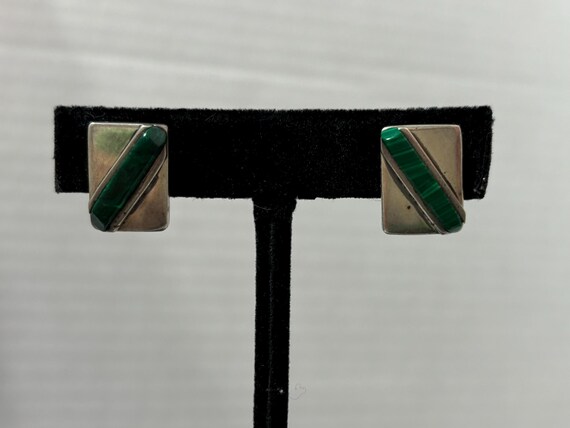 Sterling Silver Malachite Bar Stud Earrings: Stri… - image 3