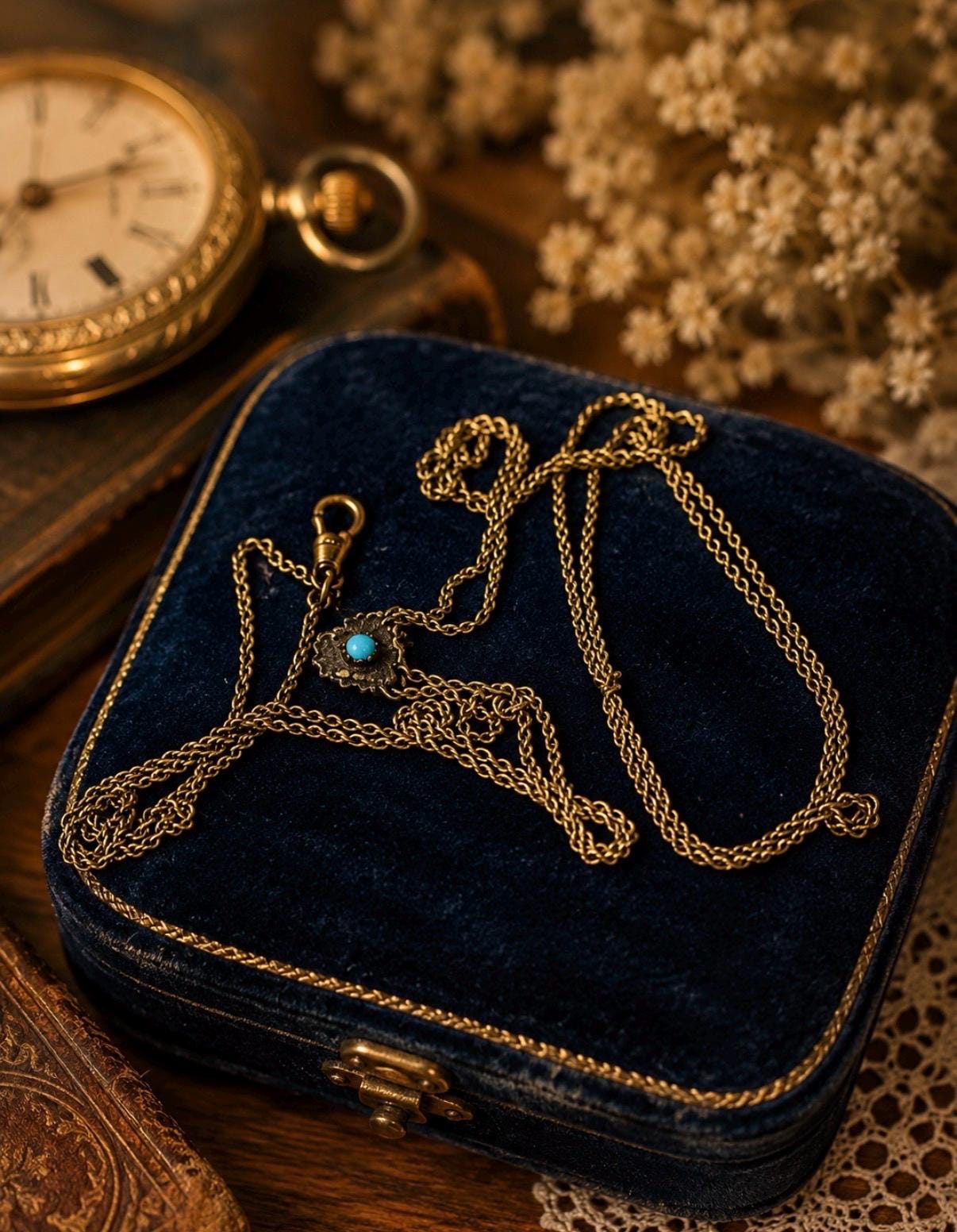 Vintage Gold-Filled Rope Pocket watch Chain or Necklace (?) with Turquoise Accent - 50-Inch Layering Piece