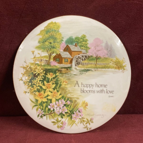 Vintage Painted Saying "Happy Home Blooms With Love" By Robert Laessig, House, Trees, Water Wheel, signed, wall hanging, 5-7/8" in diameter