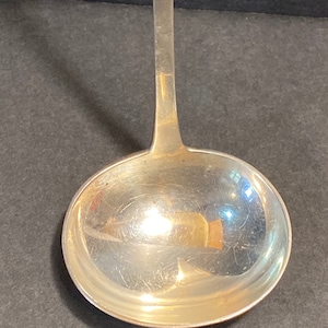 May include: A silver ladle with a long handle and a round bowl. The bowl is highly polished and reflects light.