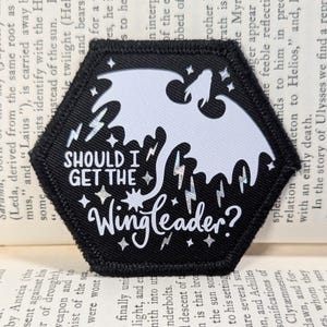 May include: A black hexagonal patch with white stitching around the edges. The patch features a white silhouette of a dragon's wing with lightning bolts and stars. The text "SHOULD I GET THE WingLeader?" is written in white on the patch.