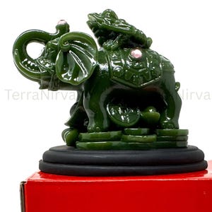 Jade Lucky Elephant Figurine with Frog & Coins: Feng Shui, Good Fortune