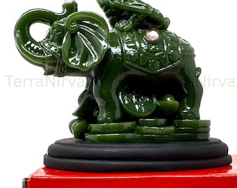 Jade Lucky Elephant Figurine with Frog & Coins: Feng Shui, Good Fortune