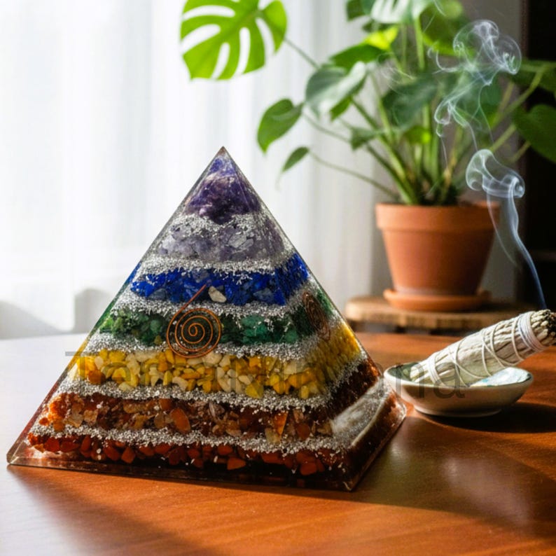 Extra Large Chakra Protection Pyramid, 7 Chakra Crystal Pyramid, Energy Healing Crystal Pyramid, Crystal Decor, Meditation Spiritual Gift image 1