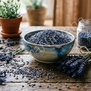 Peut inclure: Une table en bois rustique pr&eacute;sente un bol en c&eacute;ramique bleu et blanc rempli de boutons de lavande s&eacute;ch&eacute;s. Un bocal en verre et un bouquet de tiges de lavande avec de la ficelle sont &eacute;galement pr&eacute;sents. Un pot en terre cuite avec une plante est en arri&egrave;re-plan.