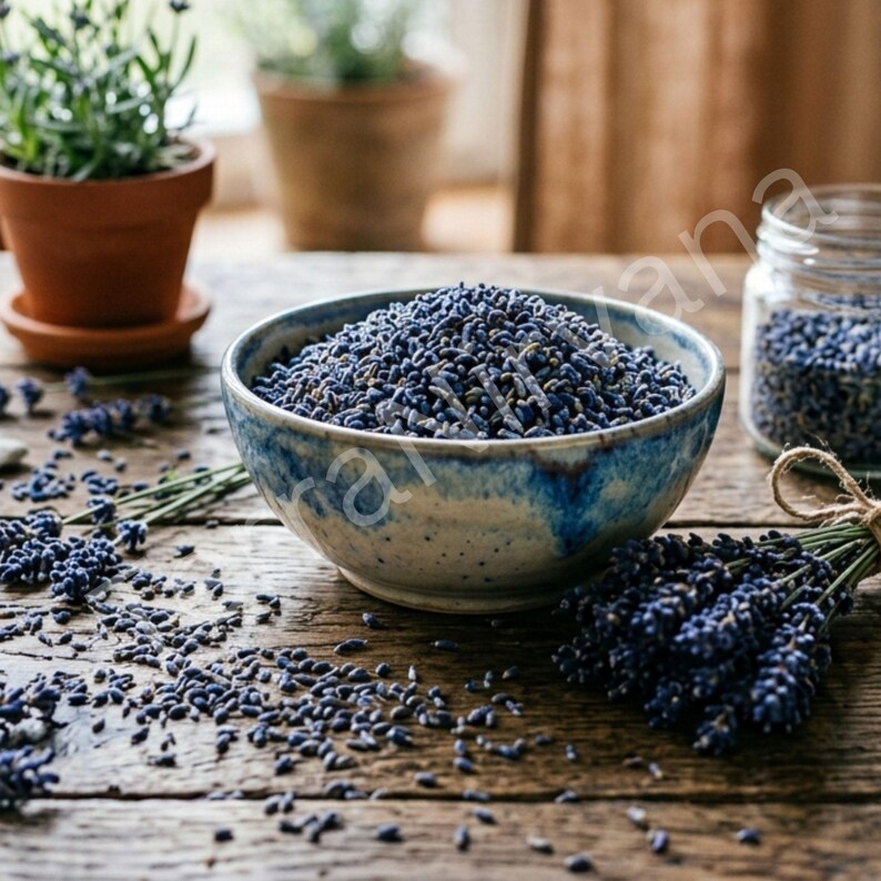 Peut inclure: Une table en bois rustique pr&eacute;sente un bol en c&eacute;ramique bleu et blanc rempli de boutons de lavande s&eacute;ch&eacute;s. Un bocal en verre et un bouquet de tiges de lavande avec de la ficelle sont &eacute;galement pr&eacute;sents. Un pot en terre cuite avec une plante est en arri&egrave;re-plan.