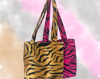 Small Tote Bag made from Tiger Print Fabric in Brown or Pink Rockabilly Punk 80s 90s Y2k