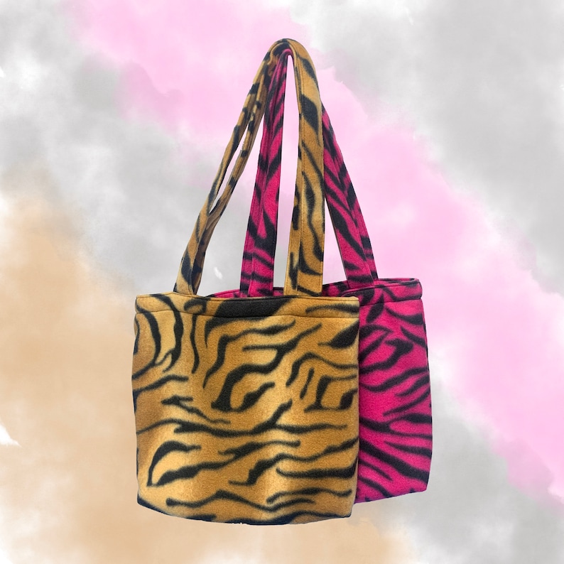 Small Tote Bag made from Tiger Print Fabric in Brown or Pink  Rockabilly Punk 80s 90s Y2k